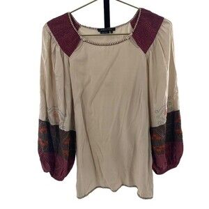 BCBG Max Azria Size S 100% Silk Southwestern Embroidered Oversized Sleeve Blouse